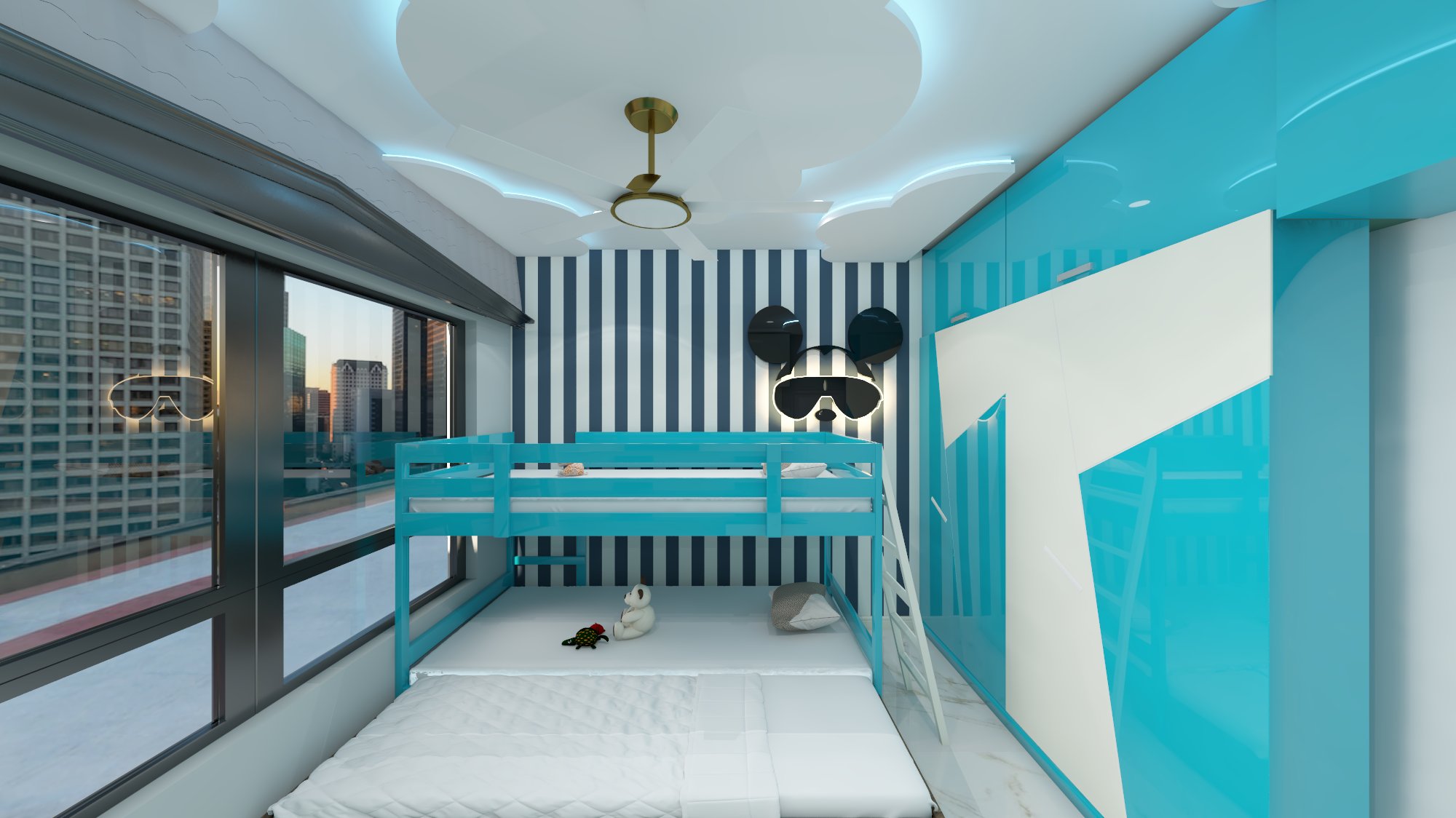 kids room bunk bed and study area
